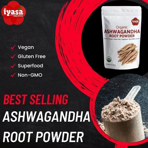 Iyasa Holistics Organic Ashwagandha Powder, Withania Somnifera, Ayurveda Superfood from India, Workout Supplement, Resealable Pack of 8 oz (Pack of 1) in Saudi Arabia