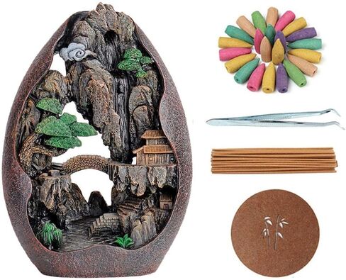 حامل بخور بتدفق عكسي، مبخرة من الراتنج، مبخرة جبلية، حامل مخاريط بخور لتزيين المكتب والمنزل مع 120 مخروط بخور و30 عود بخور وملقط وM in Kuwait