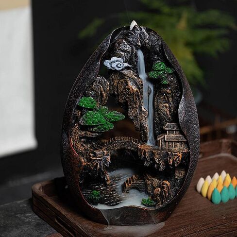 حامل بخور بتدفق عكسي، مبخرة من الراتنج، مبخرة جبلية، حامل مخاريط بخور لتزيين المكتب والمنزل مع 120 مخروط بخور و30 عود بخور وملقط وM in Kuwait