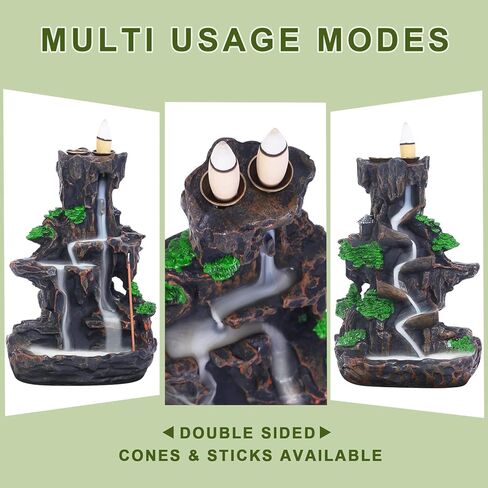 حامل مباخر باكيفلو من سوو، نافورة جبلية للبخور على الوجهين، مع 120 مخاريط بخور مطوّرة + 30 عصا بخور + 1 ملقط + 1 بساط ديكور منزلي لليوجا التأمل، إصدار جديد in Kuwait