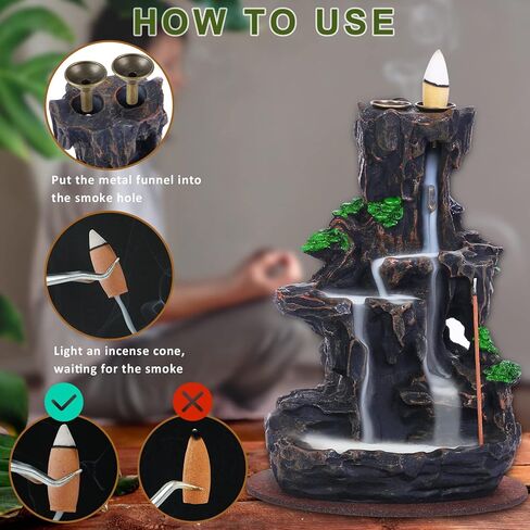 حامل مباخر باكيفلو من سوو، نافورة جبلية للبخور على الوجهين، مع 120 مخاريط بخور مطوّرة + 30 عصا بخور + 1 ملقط + 1 بساط ديكور منزلي لليوجا التأمل، إصدار جديد in Kuwait