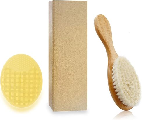 فرشاة شعر للأطفال حديثي الولادة والأطفال الصغار، فرشاة بشعيرات الماعز الطبيعية لعلاج غطاء المهد ومدلك سيليكون ناعم مثالي لاستحمام الطفل وهدية التسجيل in Kuwait