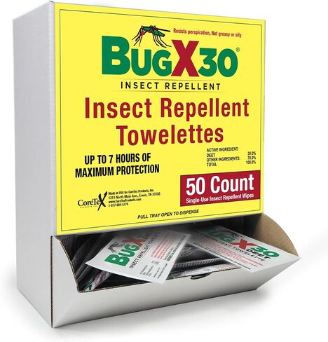 CoreTex Bug X 30 Mosquito, Tick, & Insect Repellent Wipes with 30% DEET - Pack of 25 Single-Use Bug Repellent Wipes for Up to 7 Hours of Reliable Protection Against 12 Types of Biting Insects in Kuwait
