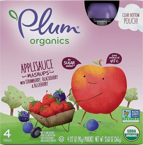 Plum Organics Mashups، صلصة التفاح العضوية للأطفال، الفراولة والتوت الأسود والتوت، 3.17 أونصة، 4 قطع in Kuwait