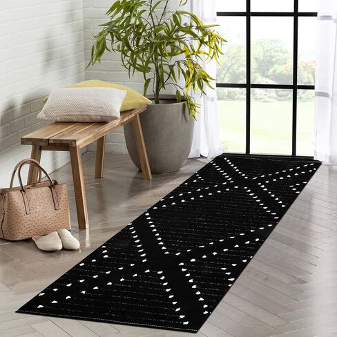 HAOCOO Boho سجادة الحمام عداء 2 × 4.3 بوصة، سجادة منطقة الماس من القطن المنسوج هندسية سوداء قابلة للغسل، سجادة مطبخ شرابة قبلية مغربية أنيقة، سجادة أرضية رمي ديكور لغرفة المعيشة وغرفة النوم in Saudi Arabia