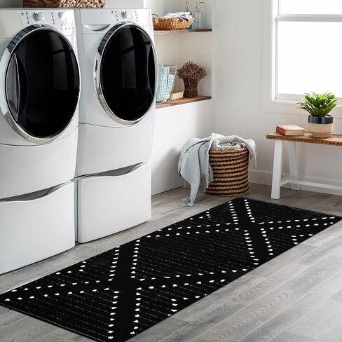 HAOCOO Boho سجادة الحمام عداء 2 × 4.3 بوصة، سجادة منطقة الماس من القطن المنسوج هندسية سوداء قابلة للغسل، سجادة مطبخ شرابة قبلية مغربية أنيقة، سجادة أرضية رمي ديكور لغرفة المعيشة وغرفة النوم in Saudi Arabia