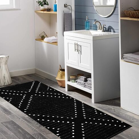 HAOCOO Boho سجادة الحمام عداء 2 × 4.3 بوصة، سجادة منطقة الماس من القطن المنسوج هندسية سوداء قابلة للغسل، سجادة مطبخ شرابة قبلية مغربية أنيقة، سجادة أرضية رمي ديكور لغرفة المعيشة وغرفة النوم in Saudi Arabia