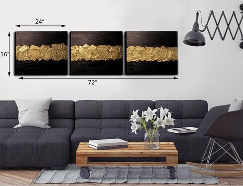 سيشارس لوحة فنية جدارية قماشية عصرية مصنوعة يدويا من اليجانس، لوحة زيتية باللونين الاسود والذهبي، عمل فني تجريدي خشبي داخلي باطار لديكور غرفة المعيشة والمنزل، مجموعة من 3 قطع in Kuwait