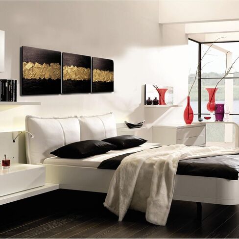 سيشارس لوحة فنية جدارية قماشية عصرية مصنوعة يدويا من اليجانس، لوحة زيتية باللونين الاسود والذهبي، عمل فني تجريدي خشبي داخلي باطار لديكور غرفة المعيشة والمنزل، مجموعة من 3 قطع in Kuwait