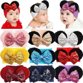 CellElection 9 Pack Mouse Ears Sequin Headbands 6Inch Large Big Sparkly Glitter Sequin Hair Bows Soft Nylon Hairbands Hair Accessories for Baby Girls Newborns Infants Toddlers Babies…