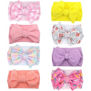 Baby Headband Bows Turban Knotted Headwrap for Baby Girls,Pack of 8 | Stretchy turban headwraps,Soft fabric,Breathable material,Big bows,Newborn infant,Donut pattern in Saudi Arabia