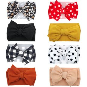 Baby Headband Bows Turban Knotted Headwrap for Baby Girls,Pack of 8 | Stretchy turban headwraps,Soft fabric,Breathable material,Big bows,Newborn infant,Donut pattern in Kuwait