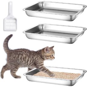 صندوق فضلات القطط من الستانلس ستيل من 3 قطع، صندوق فضلات القطط مقاس 12.4 انش، مدخل منخفض، مرحاض غير لاصق للسفر، وعاء فضلات صغير معدني مفتوح للحيوانات الاليفة الصغيرة والخنازير الغينية والقطط والارانب in Kuwait