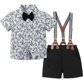 YALLET Toddler Baby Boy Outfits 1-5T Boys Suits Gentleman Short Sleeve Button Shirts+Bowtie+Suspender Shorts Formal Clothes in Kuwait