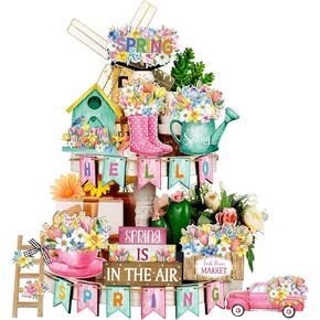 Marsui Hello Spring Flower Tiered Tray Decor Spring Wooden Table Decor Rustic Spring Flower Tulip Decor Spring Decorations for Home(Bright, 26 Pcs)