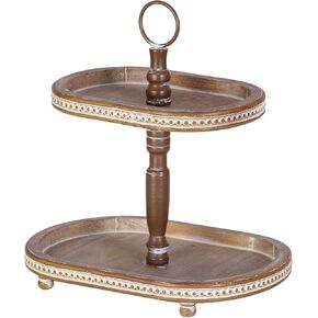 FESTWIND Oval Tiered Tray, Beaded Rustic Tiered Tray, Two Tiered Tray Stand for Kitchen Counter, Farmhouse Decorative Trays for Home Decor Distressed Brown in Kuwait