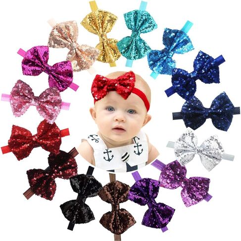 15Pcs 4" Sequins Hair Bows Headbands for Baby Girls Infants Newborn | Sparkly Baby Girl Headband | Soft Stretchy Hair Bands for Infant Newborn and Toddlers in Saudi Arabia