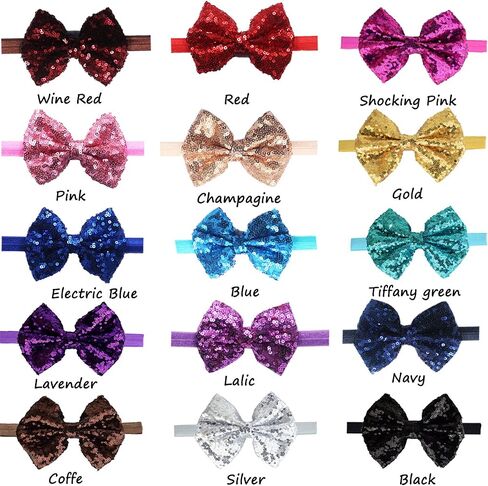 15Pcs 4" Sequins Hair Bows Headbands for Baby Girls Infants Newborn | Sparkly Baby Girl Headband | Soft Stretchy Hair Bands for Infant Newborn and Toddlers in Saudi Arabia