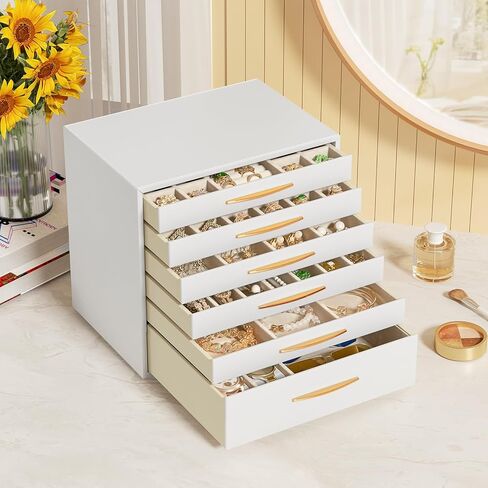 صندوق مجوهرات سريواتانا، منظم مجوهرات من 6 طبقات، 6 أدراج لتخزين المجوهرات للأقراط والخواتم والقلائد والأساور، طراز حديث، هدايا عيد الميلاد، أبيض وذهبي in Kuwait