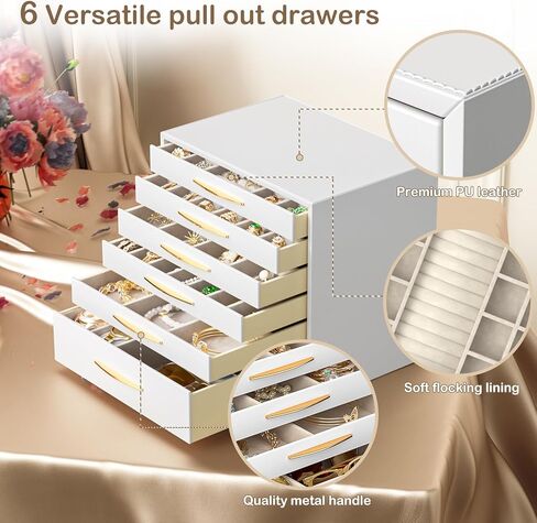 صندوق مجوهرات سريواتانا، منظم مجوهرات من 6 طبقات، 6 أدراج لتخزين المجوهرات للأقراط والخواتم والقلائد والأساور، طراز حديث، هدايا عيد الميلاد، أبيض وذهبي in Kuwait