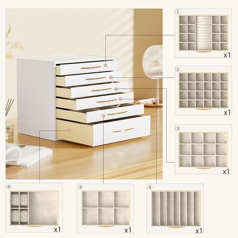 صندوق مجوهرات سريواتانا، منظم مجوهرات من 6 طبقات، 6 أدراج لتخزين المجوهرات للأقراط والخواتم والقلائد والأساور، طراز حديث، هدايا عيد الميلاد، أبيض وذهبي in Kuwait