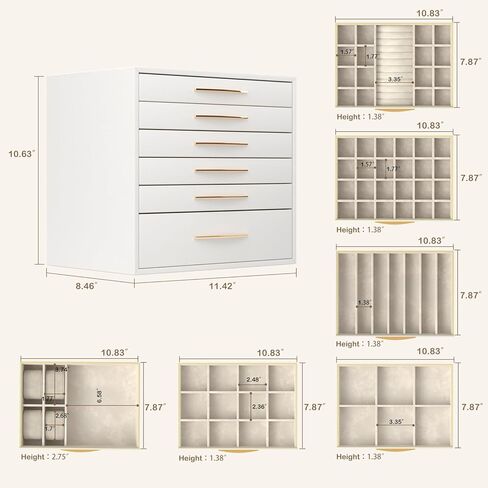صندوق مجوهرات سريواتانا، منظم مجوهرات من 6 طبقات، 6 أدراج لتخزين المجوهرات للأقراط والخواتم والقلائد والأساور، طراز حديث، هدايا عيد الميلاد، أبيض وذهبي in Kuwait