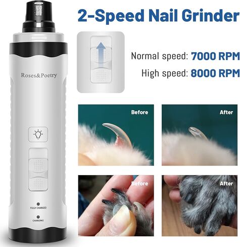 مطحنة أظافر الورود والشعر مع 2 مصباح LED و3 سرعات كهربائية قابلة للشحن لتشذيب أظافر الحيوانات الأليفة بدون ألم وتنعيم وتنعيم الكلاب والقطط الصغيرة والمتوسطة والكبيرة in Kuwait