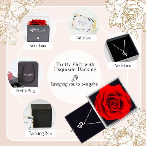 MUAZIDA Preserved Rose with Necklace, Preserved Flower, Gifts for Mom, Rose Birthday Gift, Romantic Gifts for Her, Eternal Rose Flower Gift in Saudi Arabia