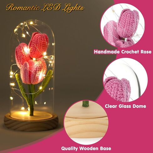 هدايا عيد الحب من الكروشيه للنساء على شكل زهرة التوليب المضيئة في قبة زجاجية هدايا زهور أبدية للأبد لجدتها وعيد الأم والذكرى السنوية وأعياد الميلاد وحفلات الزفاف وزينة عيد الميلاد in Kuwait