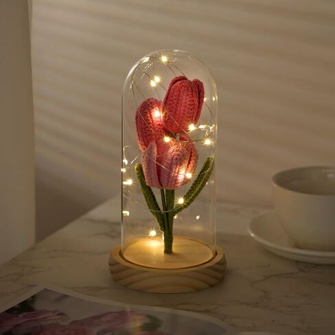 هدايا عيد الحب من الكروشيه للنساء على شكل زهرة التوليب المضيئة في قبة زجاجية هدايا زهور أبدية للأبد لجدتها وعيد الأم والذكرى السنوية وأعياد الميلاد وحفلات الزفاف وزينة عيد الميلاد in Kuwait