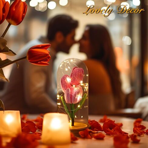 هدايا عيد الحب من الكروشيه للنساء على شكل زهرة التوليب المضيئة في قبة زجاجية هدايا زهور أبدية للأبد لجدتها وعيد الأم والذكرى السنوية وأعياد الميلاد وحفلات الزفاف وزينة عيد الميلاد in Kuwait