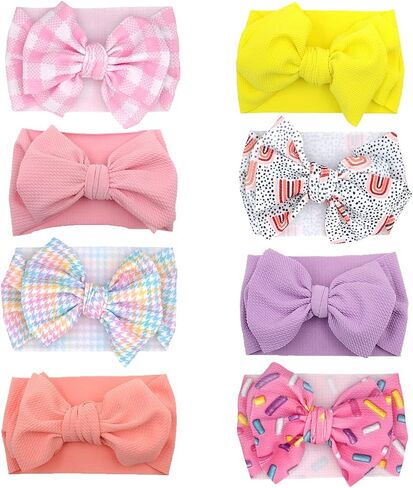 Baby Headband Bows Turban Knotted Headwrap for Baby Girls,Pack of 8 | Stretchy turban headwraps,Soft fabric,Breathable material,Big bows,Newborn infant,Donut pattern in Saudi Arabia