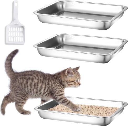 صندوق فضلات القطط من الستانلس ستيل من 3 قطع، صندوق فضلات القطط مقاس 12.4 انش، مدخل منخفض، مرحاض غير لاصق للسفر، وعاء فضلات صغير معدني مفتوح للحيوانات الاليفة الصغيرة والخنازير الغينية والقطط والارانب in Kuwait