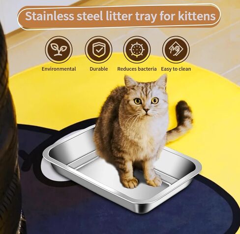 صندوق فضلات القطط من الستانلس ستيل من 3 قطع، صندوق فضلات القطط مقاس 12.4 انش، مدخل منخفض، مرحاض غير لاصق للسفر، وعاء فضلات صغير معدني مفتوح للحيوانات الاليفة الصغيرة والخنازير الغينية والقطط والارانب in Kuwait