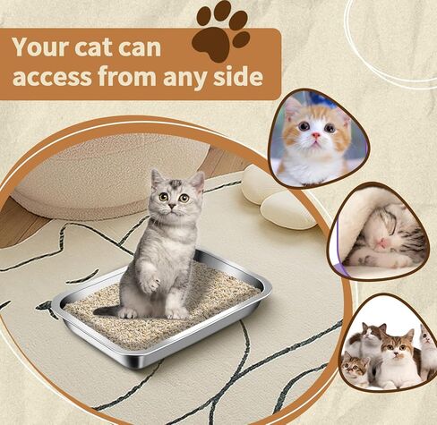 صندوق فضلات القطط من الستانلس ستيل من 3 قطع، صندوق فضلات القطط مقاس 12.4 انش، مدخل منخفض، مرحاض غير لاصق للسفر، وعاء فضلات صغير معدني مفتوح للحيوانات الاليفة الصغيرة والخنازير الغينية والقطط والارانب in Kuwait