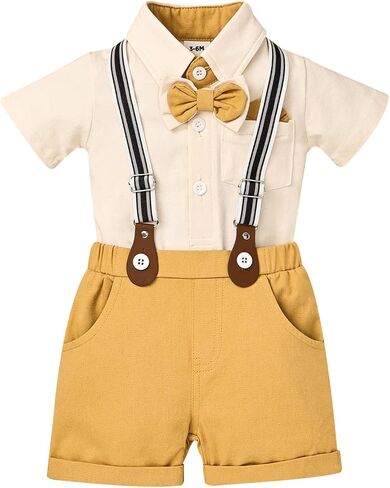DOMOABEI Baby Boy Clothes Gentleman Outfits Infant Baby Bodysuit Shirt with Bowtie Suspender Shorts Baby Boy Suit Set 0-18M in Saudi Arabia