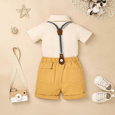 DOMOABEI Baby Boy Clothes Gentleman Outfits Infant Baby Bodysuit Shirt with Bowtie Suspender Shorts Baby Boy Suit Set 0-18M in Saudi Arabia
