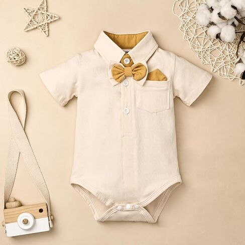 DOMOABEI Baby Boy Clothes Gentleman Outfits Infant Baby Bodysuit Shirt with Bowtie Suspender Shorts Baby Boy Suit Set 0-18M in Saudi Arabia