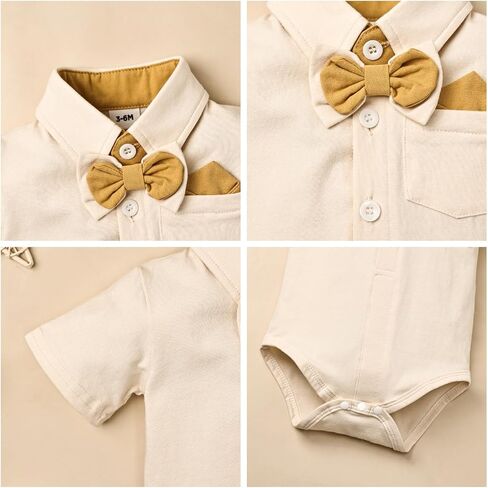 DOMOABEI Baby Boy Clothes Gentleman Outfits Infant Baby Bodysuit Shirt with Bowtie Suspender Shorts Baby Boy Suit Set 0-18M in Saudi Arabia