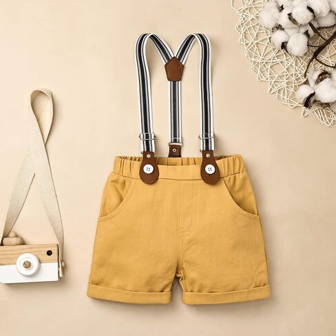 DOMOABEI Baby Boy Clothes Gentleman Outfits Infant Baby Bodysuit Shirt with Bowtie Suspender Shorts Baby Boy Suit Set 0-18M in Saudi Arabia