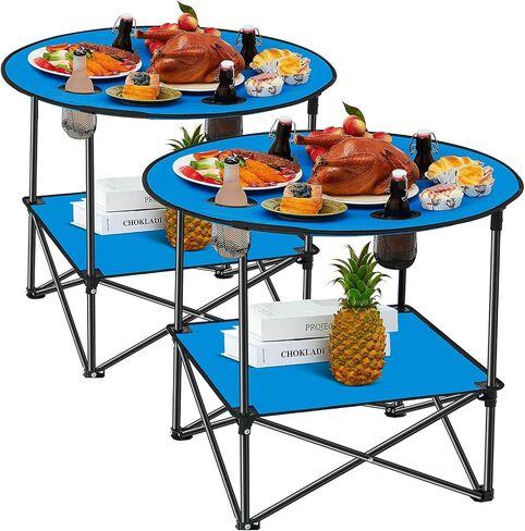 Soaoo 2 Pcs Folding Camping Table with 4 Mesh Cupholders 2 Tier Portable Folding Table Round Lightweight Fabric Compact Carrying Case Beach Table for Summer Outdoor Tailgating Fishing Hiking, Blue in Saudi Arabia