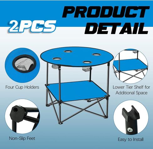 Soaoo 2 Pcs Folding Camping Table with 4 Mesh Cupholders 2 Tier Portable Folding Table Round Lightweight Fabric Compact Carrying Case Beach Table for Summer Outdoor Tailgating Fishing Hiking, Blue in Saudi Arabia