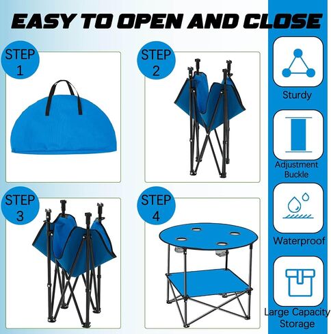 Soaoo 2 Pcs Folding Camping Table with 4 Mesh Cupholders 2 Tier Portable Folding Table Round Lightweight Fabric Compact Carrying Case Beach Table for Summer Outdoor Tailgating Fishing Hiking, Blue in Saudi Arabia