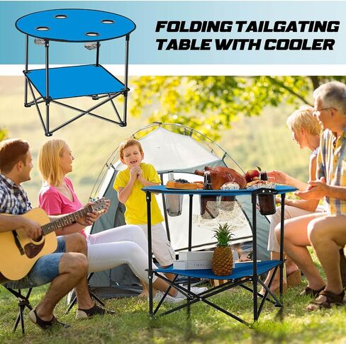 Soaoo 2 Pcs Folding Camping Table with 4 Mesh Cupholders 2 Tier Portable Folding Table Round Lightweight Fabric Compact Carrying Case Beach Table for Summer Outdoor Tailgating Fishing Hiking, Blue in Saudi Arabia