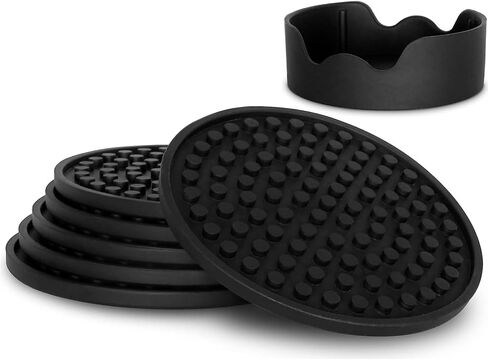Barvivo Silicone Coasters with Holder Set of 8 - Cup Coasters for Indoor and Outdoor, Perfect Durable Coaster for Tabletop Protection, Anti Slip, Suitable for All Drinks & Table Types - Black in Saudi Arabia