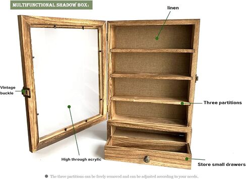 Shadow Box Frame with Drawers, 11" X 16" Large Deep Shadow Box Display Case with 3 Removable Shelves ，for Displaying Photo Souvenir Bouquet Collection (Carbonized ) in Saudi Arabia
