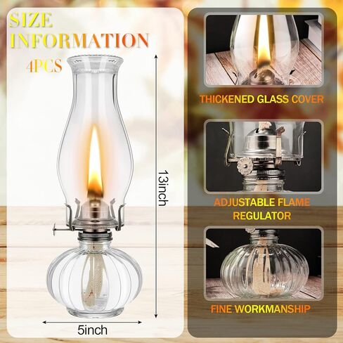 4 قطع من مصابيح الكيروسين الزجاجية الشفافة للاستخدام الداخلي، مصباح زيتي بغرفة كبيرة، مصباح إعصار مزخرف عتيق، فانوس زيت ريفي مع فتيل نار قابل للتعديل لديكور الإضاءة في حالات الطوارئ، ارتفاع 33 سم in Kuwait