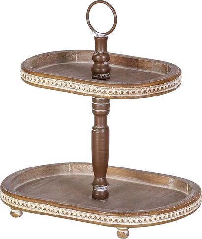 FESTWIND Oval Tiered Tray, Beaded Rustic Tiered Tray, Two Tiered Tray Stand for Kitchen Counter, Farmhouse Decorative Trays for Home Decor Distressed Brown in Kuwait