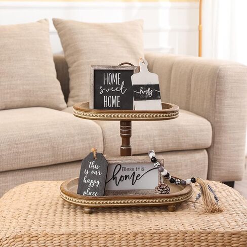 FESTWIND Oval Tiered Tray, Beaded Rustic Tiered Tray, Two Tiered Tray Stand for Kitchen Counter, Farmhouse Decorative Trays for Home Decor Distressed Brown in Kuwait