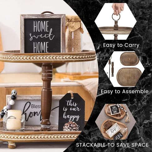 FESTWIND Oval Tiered Tray, Beaded Rustic Tiered Tray, Two Tiered Tray Stand for Kitchen Counter, Farmhouse Decorative Trays for Home Decor Distressed Brown in Kuwait